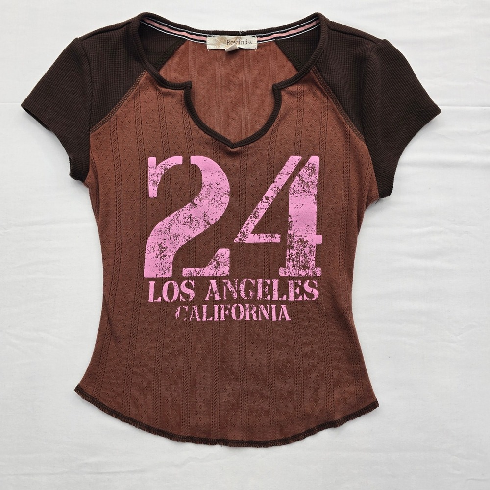 Y2K Grunge Rewind Brown Pointelle Waffle Knit Graphic Top Los Angeles 24 XS
